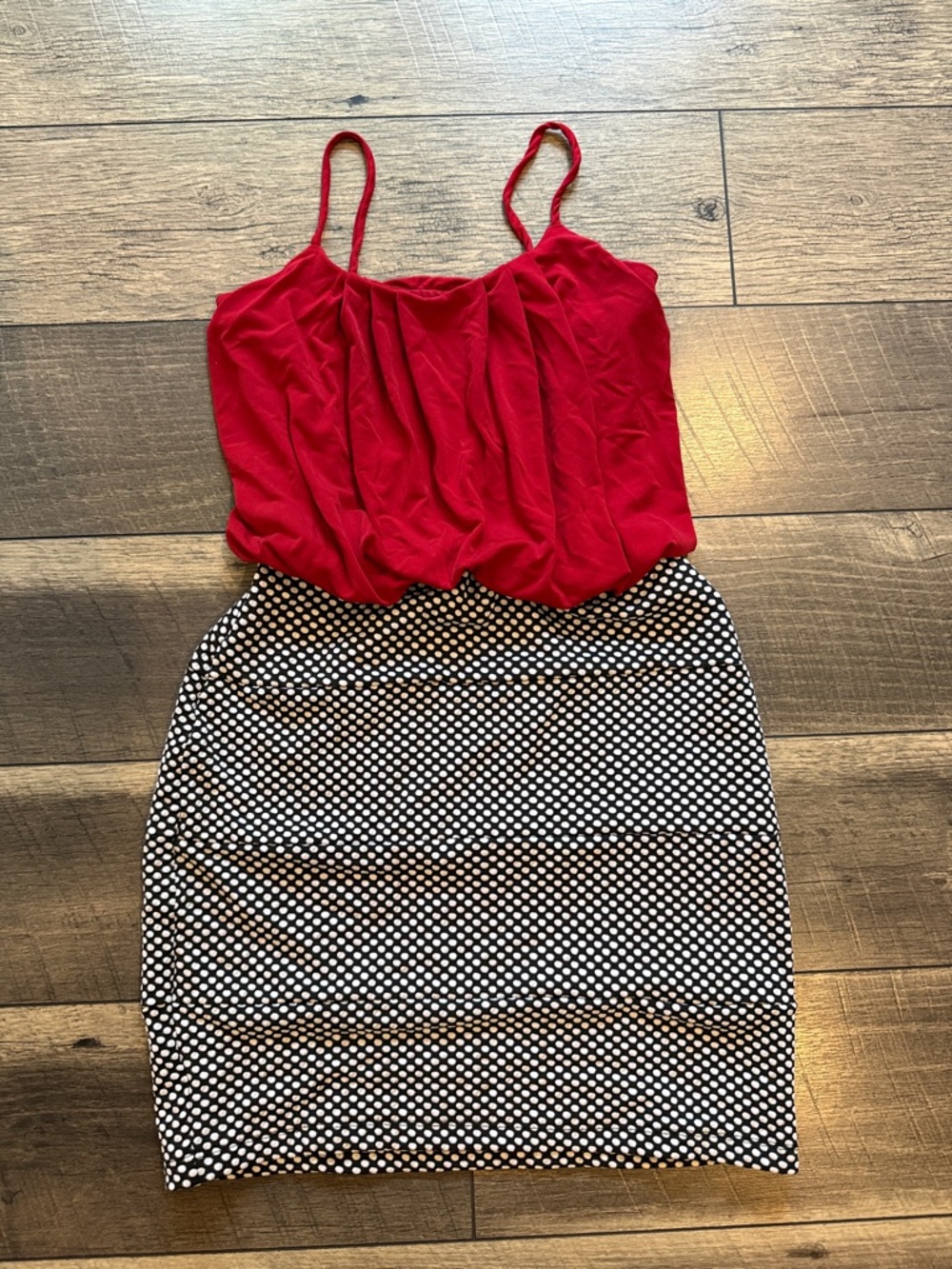 Dress with Red Cami Top with Black & White Polka Dot Bottom